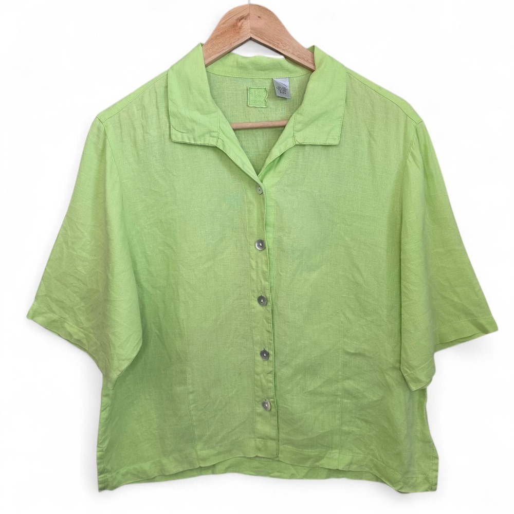 Chicos Top Womens 0 US Small Green Lino Linen Oversized Crop Short Sleeve Casual